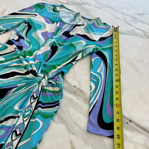 EMILIO PUCCI BLUE MULTI SILK FAUX WRAP ENAMEL BUCKLE DRESS MODEL 72RH25 SIZE IT - Picture 9 of 17